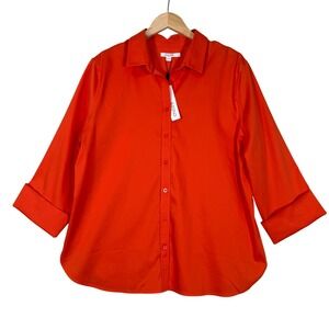 Chico's No Iron Stretch Shirt 3 Blood Orange 3/4 Sleeve Button Front Minimalist